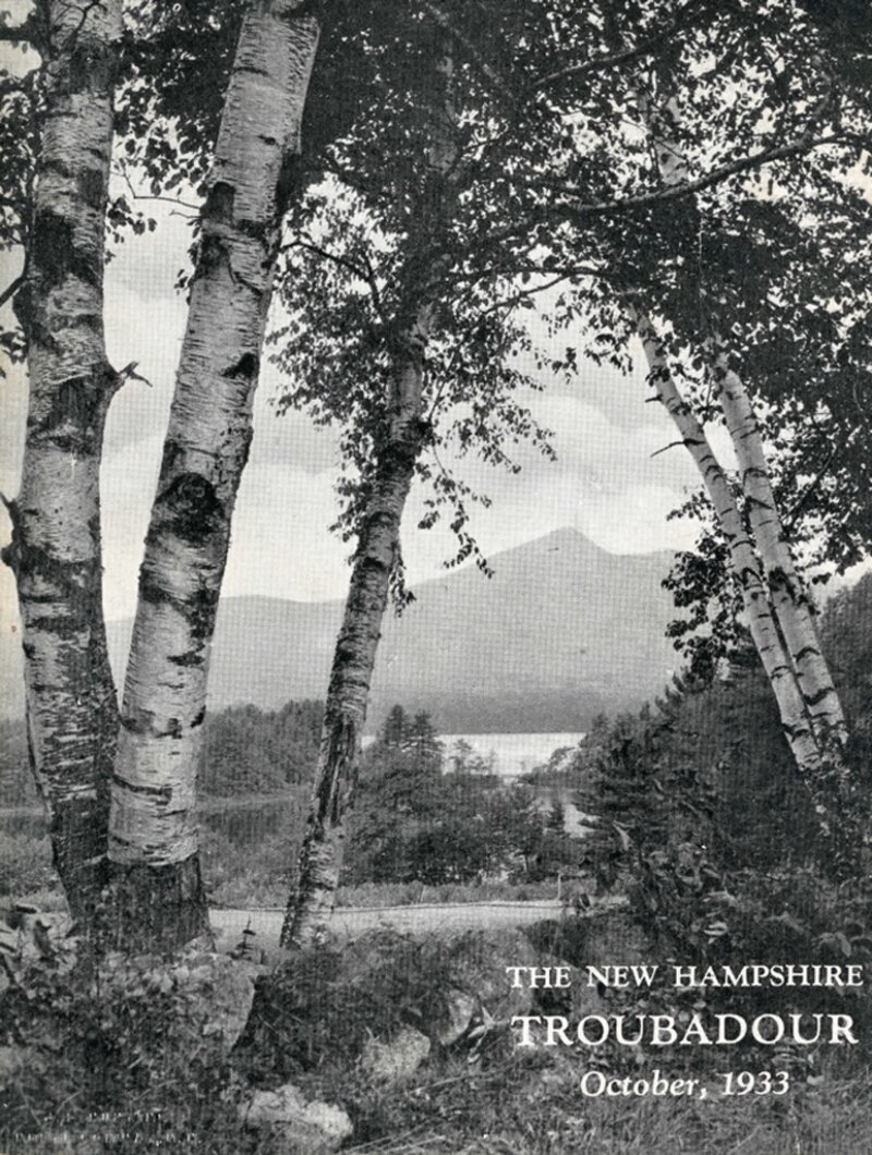 A scenic view through white birch trees toward a mountain and lake, Mount Chocorua and Chocorua Lake in New Hampshire.