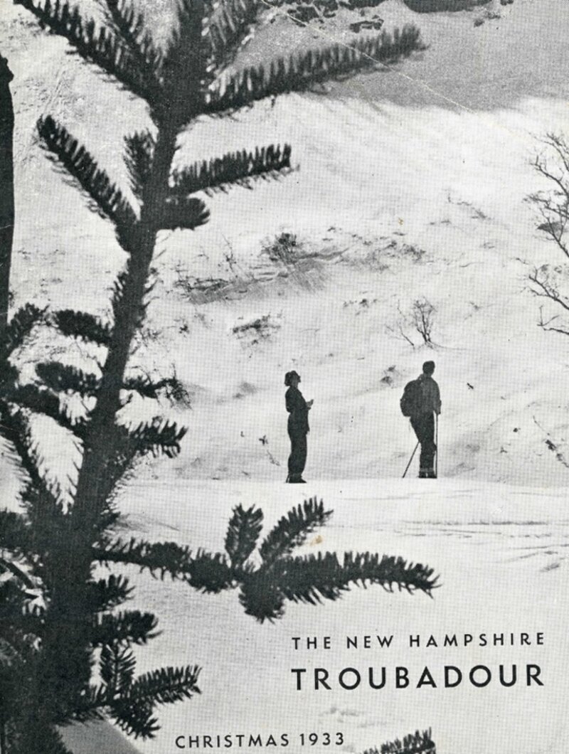 Two skiers standing on a snowy hillside, framed by snow-laden evergreen branches in the foreground, with a winter mountain landscape behind them.