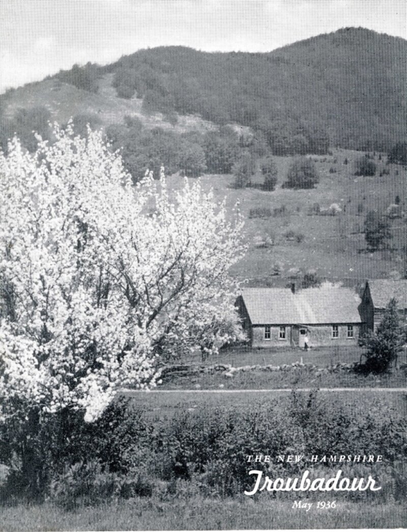 A springtime rural New Hampshire scene featuring a blossoming tree in the foreground with a farmhouse and rolling hills in the background.