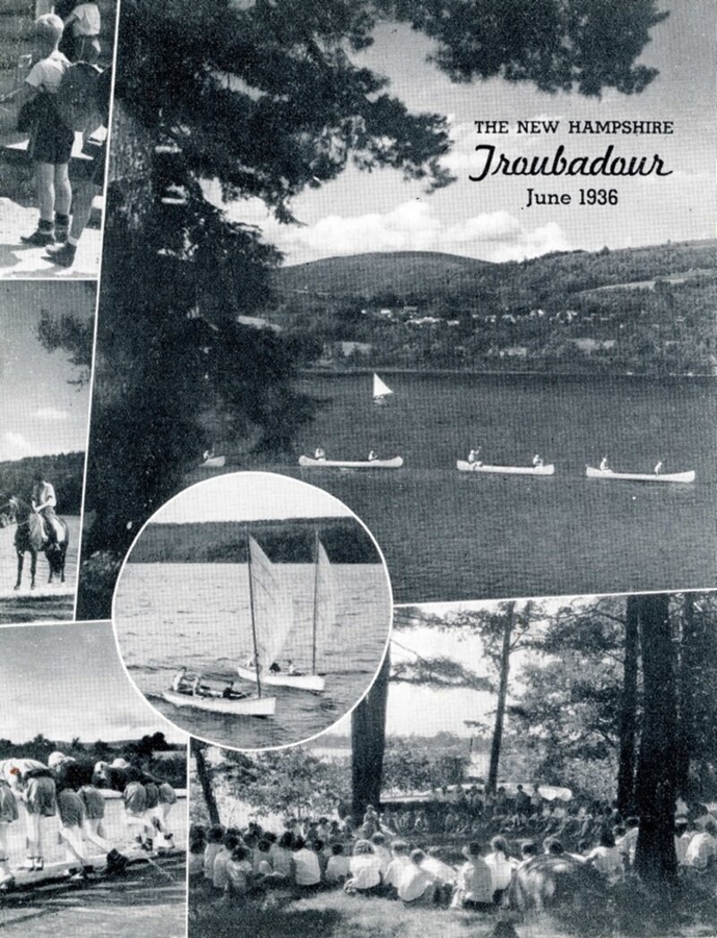 A montage of summer camp activities including canoeing on a lake, horseback riding, archery, sailboats, and campers gathered for an outdoor assembly or campfire program.